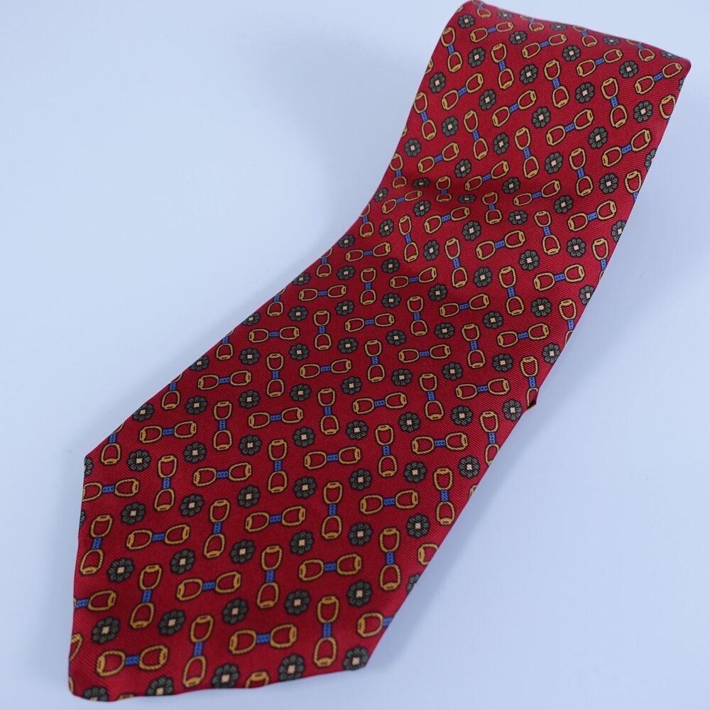 Brooks Brothers Makers Necktie Tie Red Horse Stirrups Green 100% Italian Silk